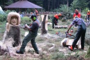 Mehrere Kursteilnehmer mit Helm und Motorsäge bearbeiten große Holzstatuen